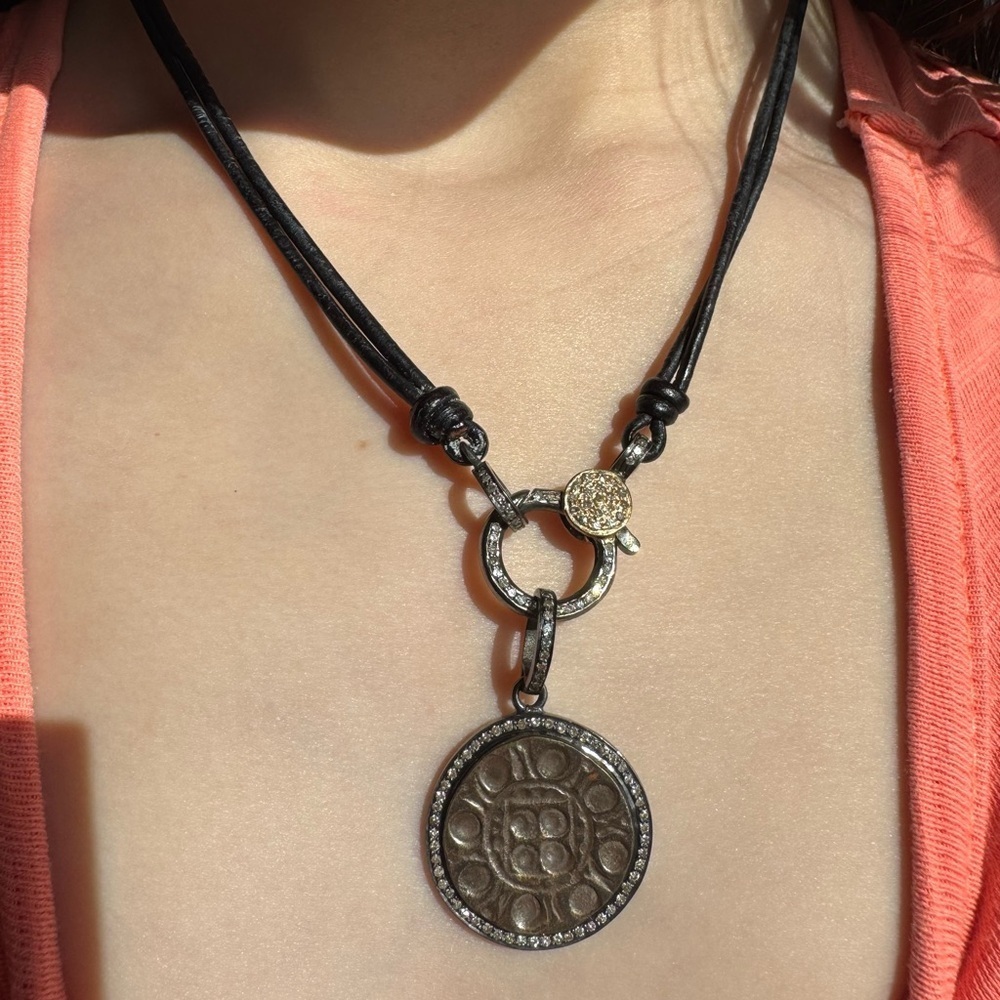 14k Gold, Sterling Silver, Natural Diamond, leather Chord Necklace - Picture 10 of 10